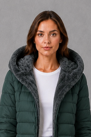 Women’s fleece lined puffer coat with lightweight quilting, a water-resistant outer shell, tailored waist and elegant A-line silhouette.