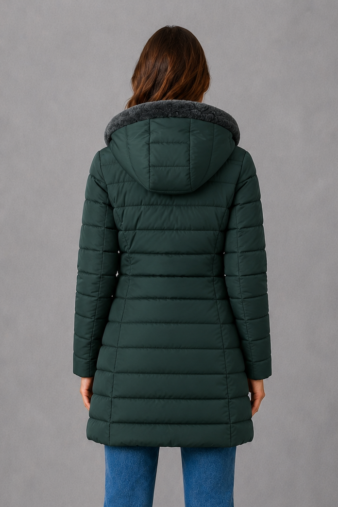 Women’s fleece lined puffer coat with lightweight quilting, a water-resistant outer shell, tailored waist and elegant A-line silhouette.