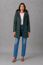 Women’s fleece lined puffer coat with lightweight quilting, a water-resistant outer shell, tailored waist and elegant A-line silhouette.