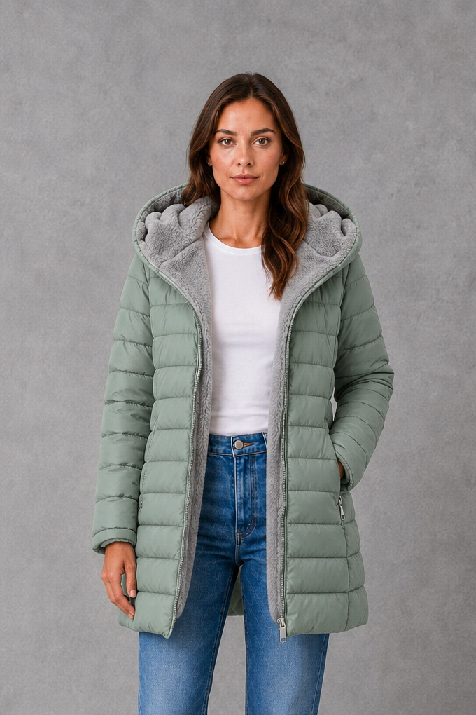 Women’s fleece lined puffer coat with lightweight quilting, a water-resistant outer shell, tailored waist and elegant A-line silhouette.