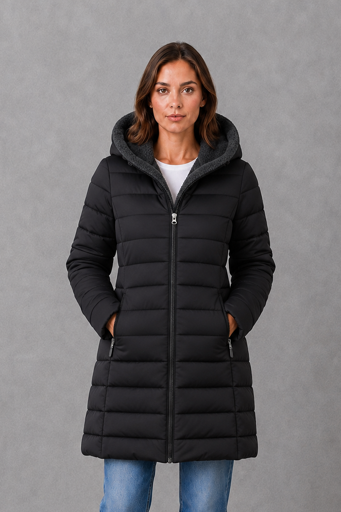 Women’s fleece lined puffer coat with lightweight quilting, a water-resistant outer shell, tailored waist and elegant A-line silhouette.