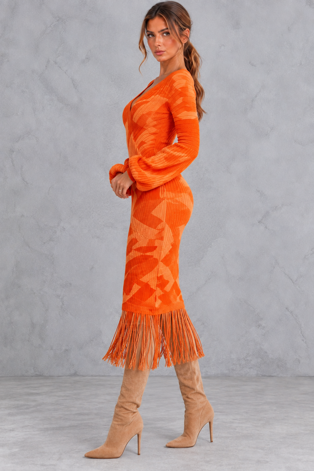 Women’s V-neck knitted jumper dress with long sleeves and fringe hem, midi length – image 2