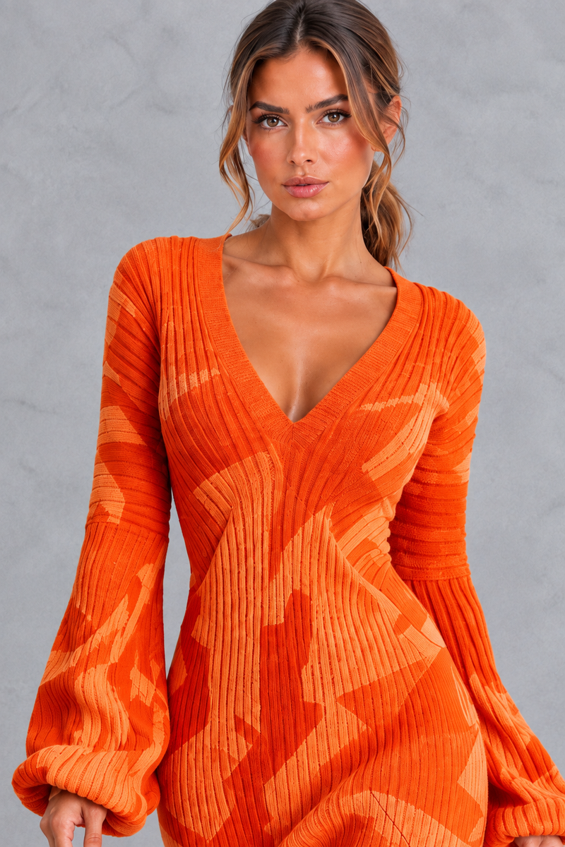Women’s V-neck knitted jumper dress with long sleeves and fringe hem, midi length – image 3