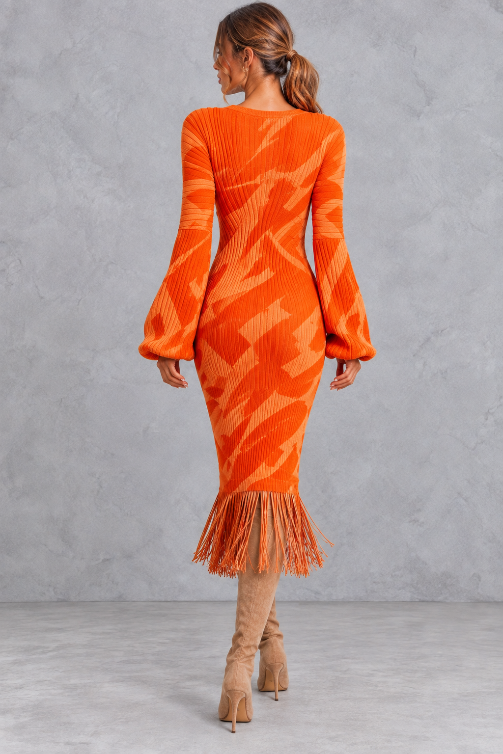 Women’s V-neck knitted jumper dress with long sleeves and fringe hem, midi length – image 4
