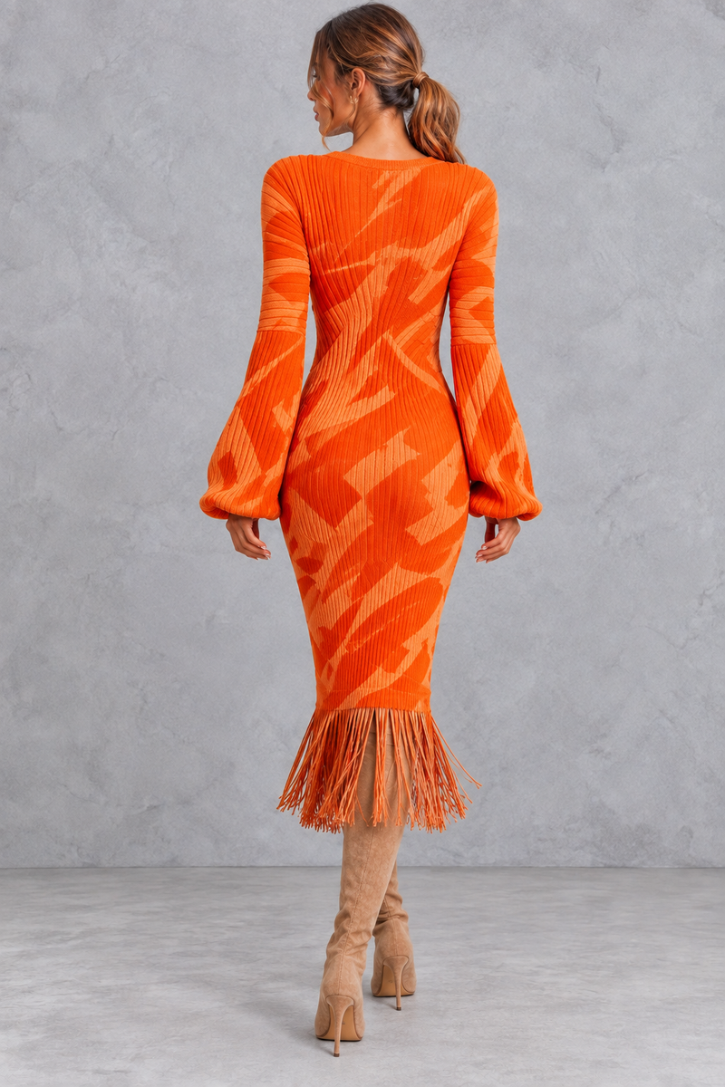 Women’s V-neck knitted jumper dress with long sleeves and fringe hem, midi length – image 4