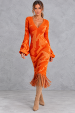 Women’s V-neck knitted jumper dress with long sleeves and fringe hem, midi length – image 1