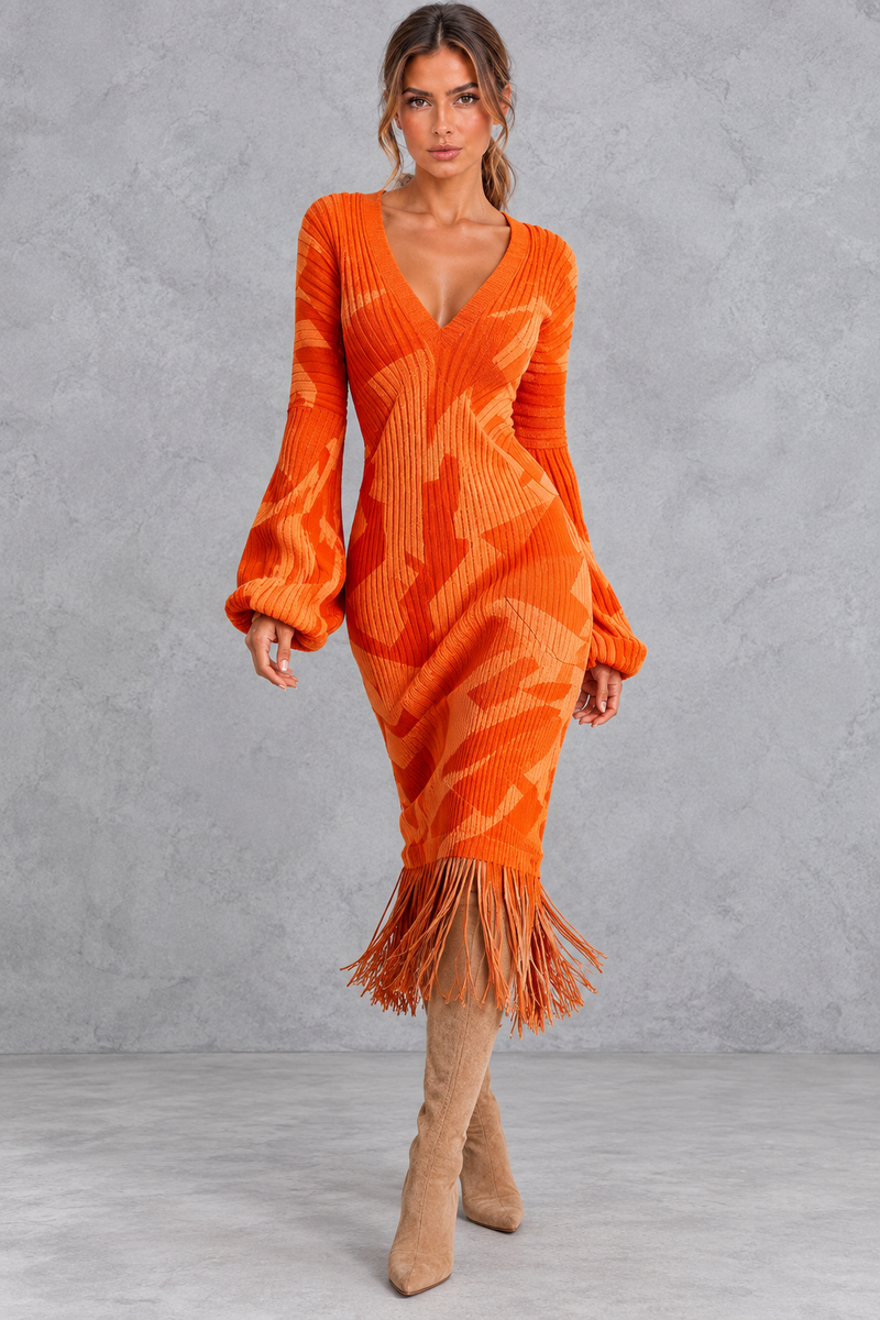 Women’s V-neck knitted jumper dress with long sleeves and fringe hem, midi length – image 1