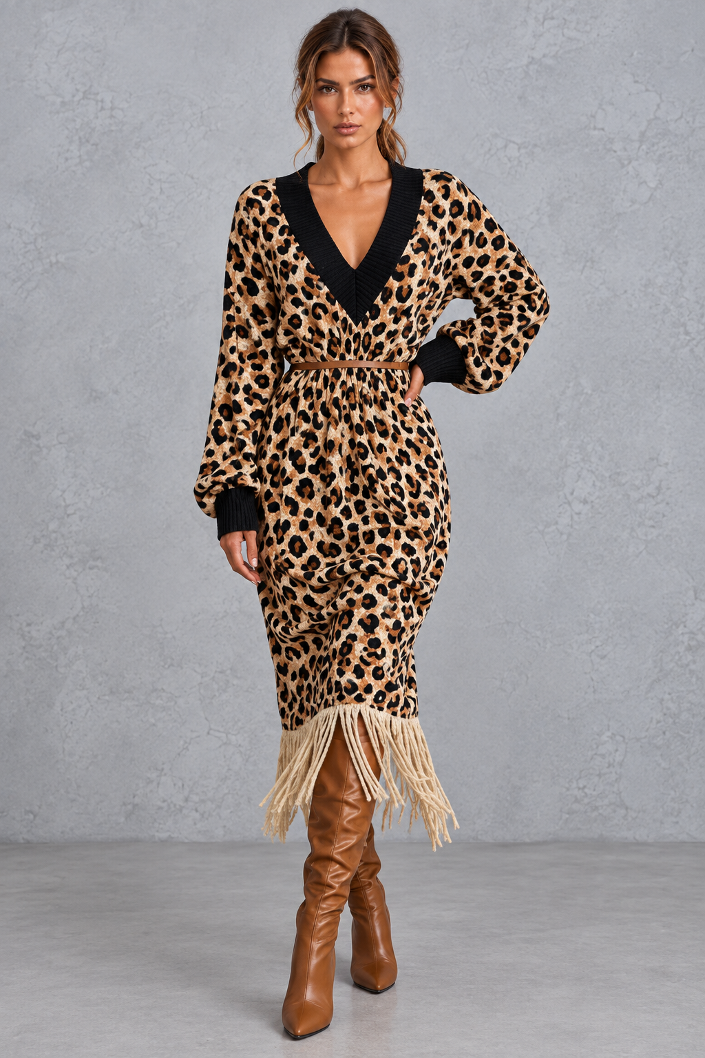 Women’s V-neck knitted jumper dress with long sleeves and fringe hem, midi length – image 14