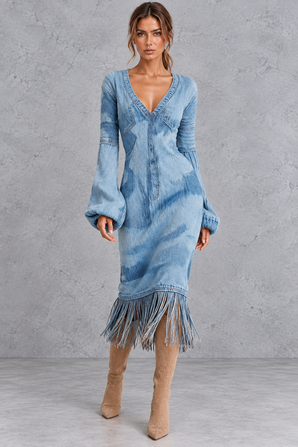 Women’s V-neck knitted jumper dress with long sleeves and fringe hem, midi length – image 16