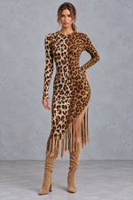 Women’s V-neck knitted jumper dress with long sleeves and fringe hem, midi length – image 17