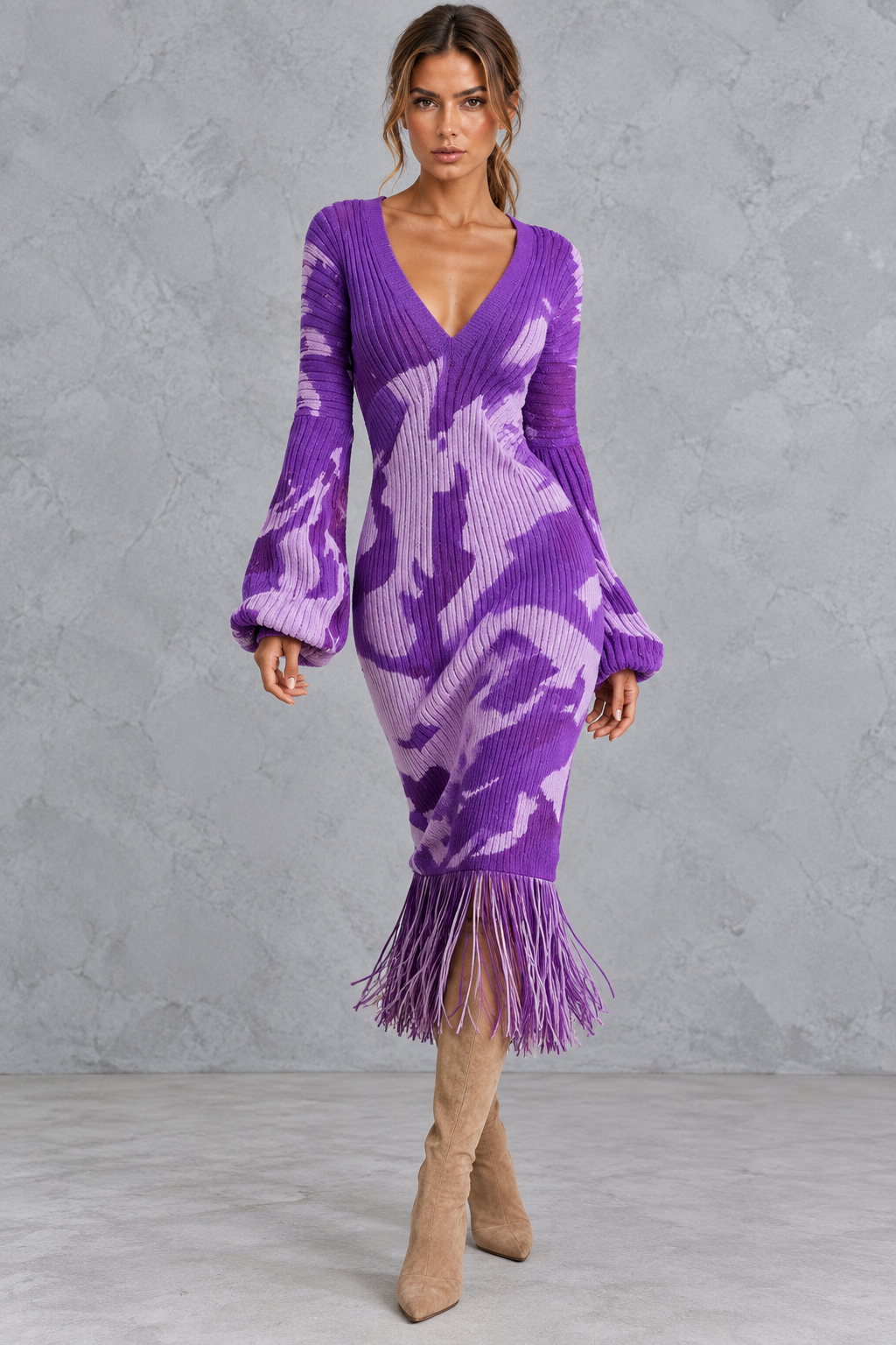 Women’s V-neck knitted jumper dress with long sleeves and fringe hem, midi length – image 18