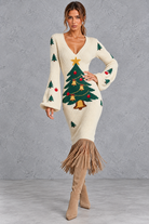 Women’s Christmas jumper dress with Christmas tree design, V-neck, long sleeves and fringe hem