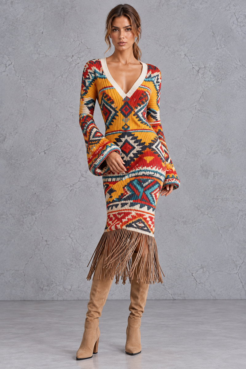 Women’s V-neck knitted jumper dress with long sleeves and fringe hem, midi length – image 20