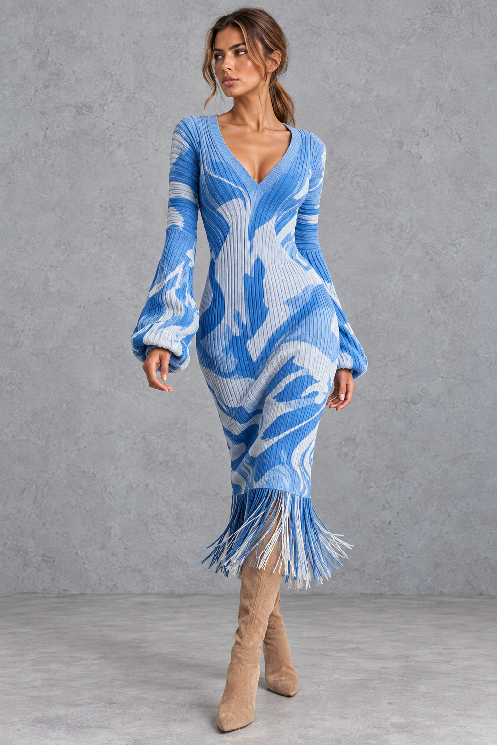 Women’s V-neck knitted jumper dress with long sleeves and fringe hem, midi length – image 22