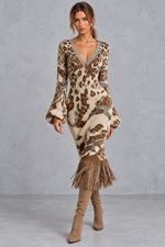 Women’s V-neck knitted jumper dress with long sleeves and fringe hem, midi length – image 5