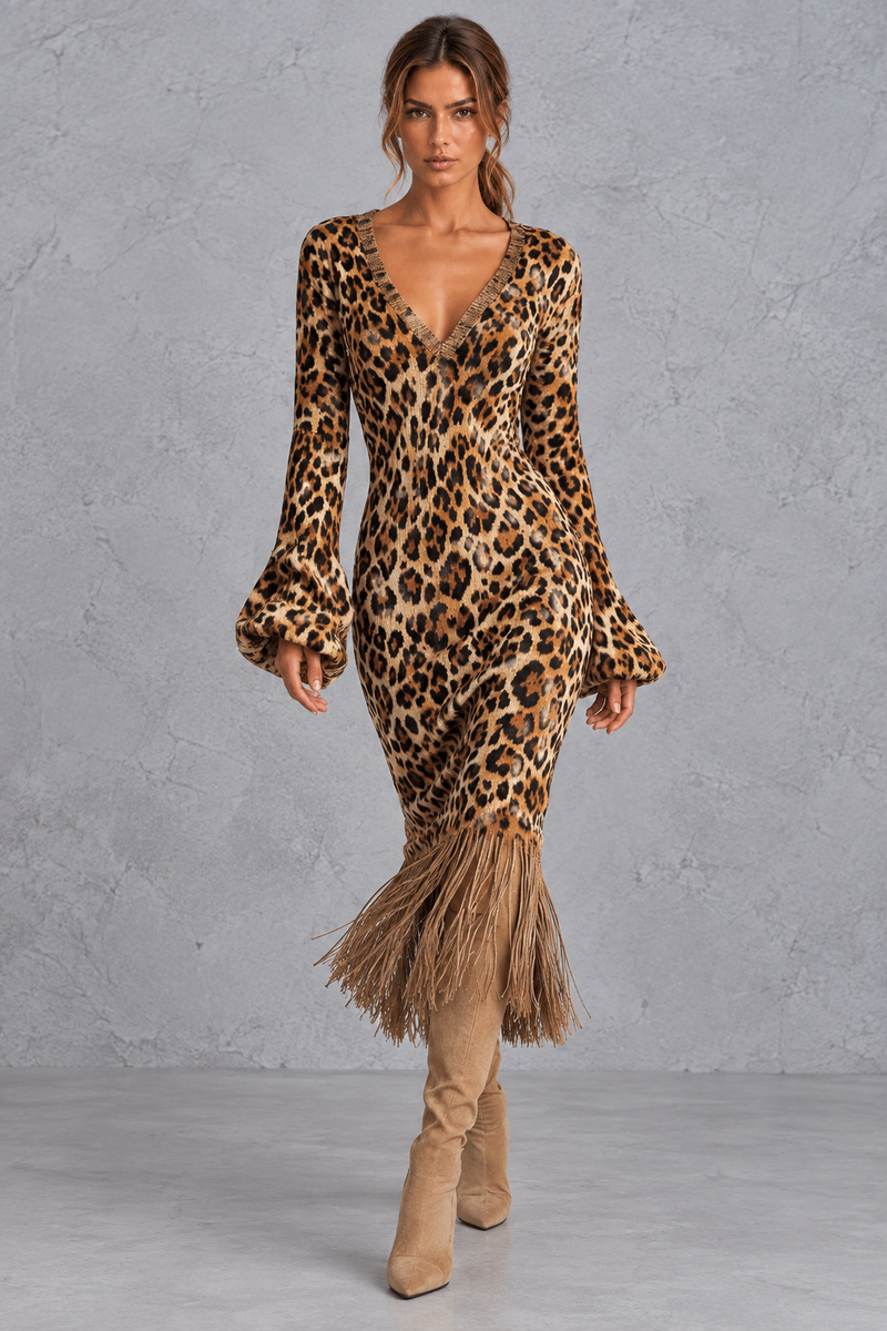 Women’s V-neck knitted jumper dress with long sleeves and fringe hem, midi length – image 23