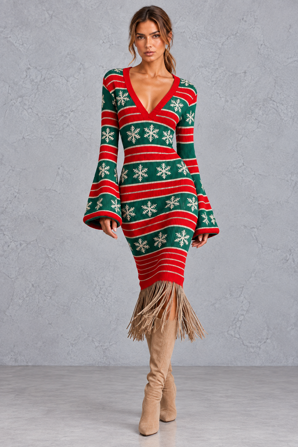 Women’s red and green Fair Isle Christmas jumper dress with snowflakes and fringe hem
