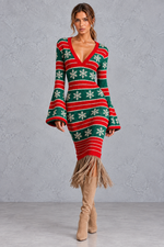 Women’s red and green Fair Isle Christmas jumper dress with snowflakes and fringe hem