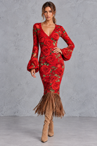 Women’s V-neck knitted jumper dress with long sleeves and fringe hem, midi length – image 28