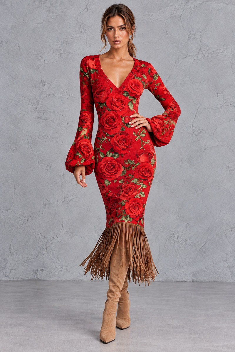 Women’s V-neck knitted jumper dress with long sleeves and fringe hem, midi length – image 28