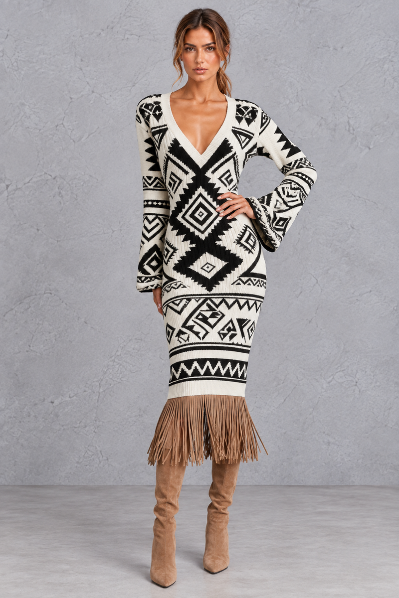 Women’s V-neck knitted jumper dress with long sleeves and fringe hem, midi length – image 30