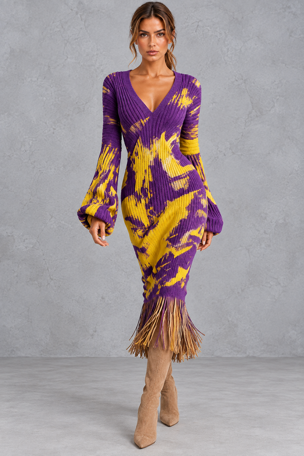 Women’s V-neck knitted jumper dress with long sleeves and fringe hem, midi length – image 6