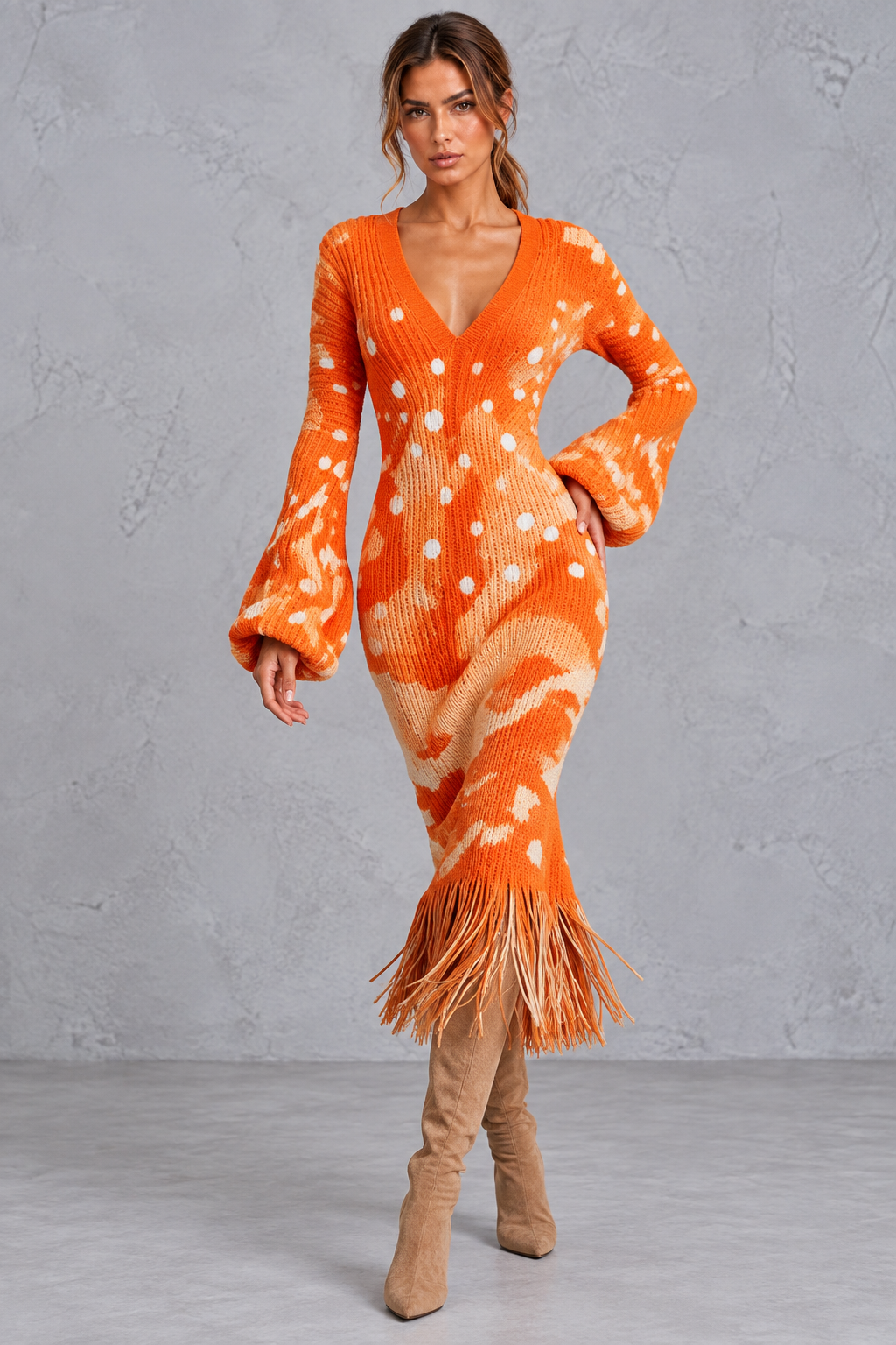 Women’s V-neck knitted jumper dress with long sleeves and fringe hem, midi length – image 7