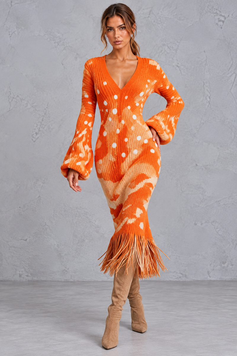 Women’s V-neck knitted jumper dress with long sleeves and fringe hem, midi length – image 7