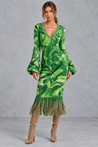 Women’s V-neck knitted jumper dress with long sleeves and fringe hem, midi length – image 10