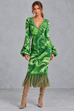 Women’s V-neck knitted jumper dress with long sleeves and fringe hem, midi length – image 10