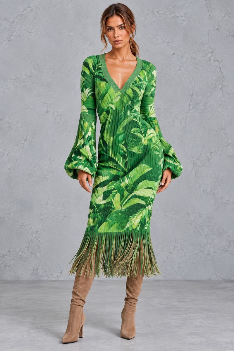Women’s V-neck knitted jumper dress with long sleeves and fringe hem, midi length – image 10