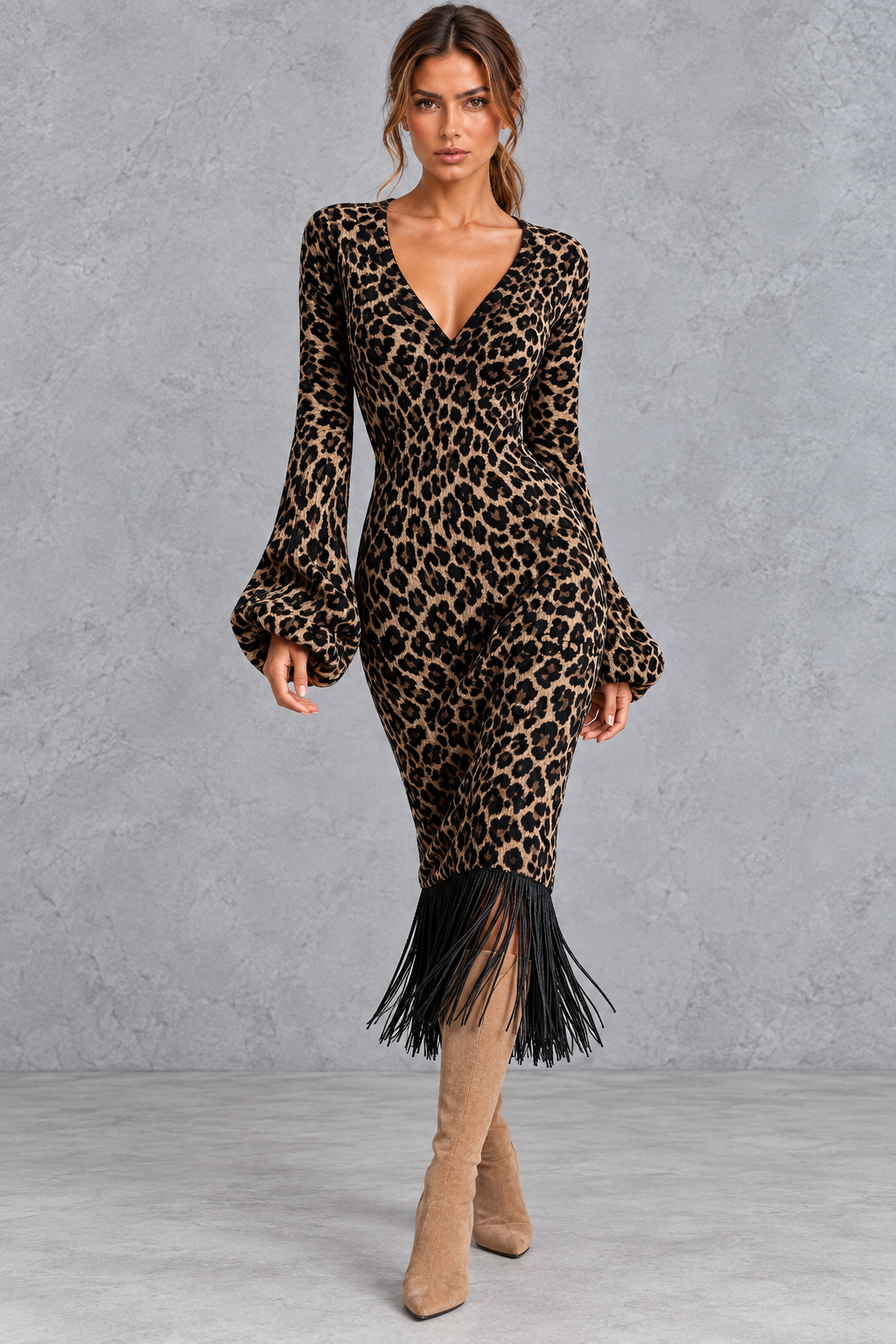 Women’s V-neck knitted jumper dress with long sleeves and fringe hem, midi length – image 12