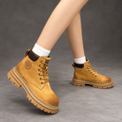 Women’s Lace-Up Leather Ankle Boots – Chunky Sole Casual Work Shoes – Khaki – on-foot view