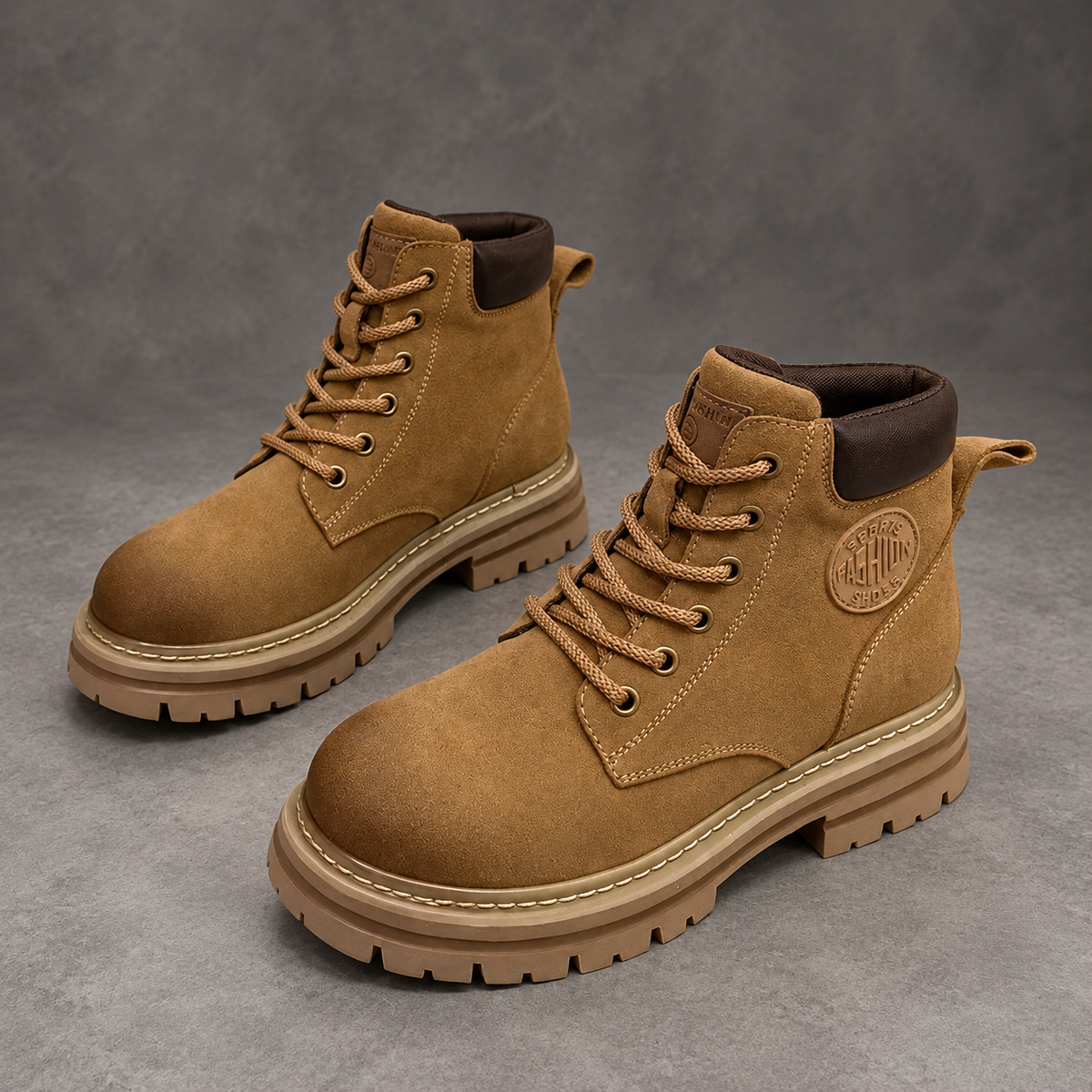 Women’s Lace-Up Leather Ankle Boots – Chunky Sole Casual Work Shoes – Brown – front angle view