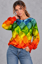 Women's rainbow basket weave patchwork print jumper – close-up of knit-effect basket weave pattern