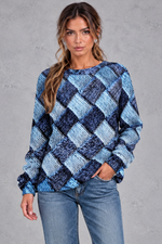 Women's blue basket weave patchwork print jumper – front view