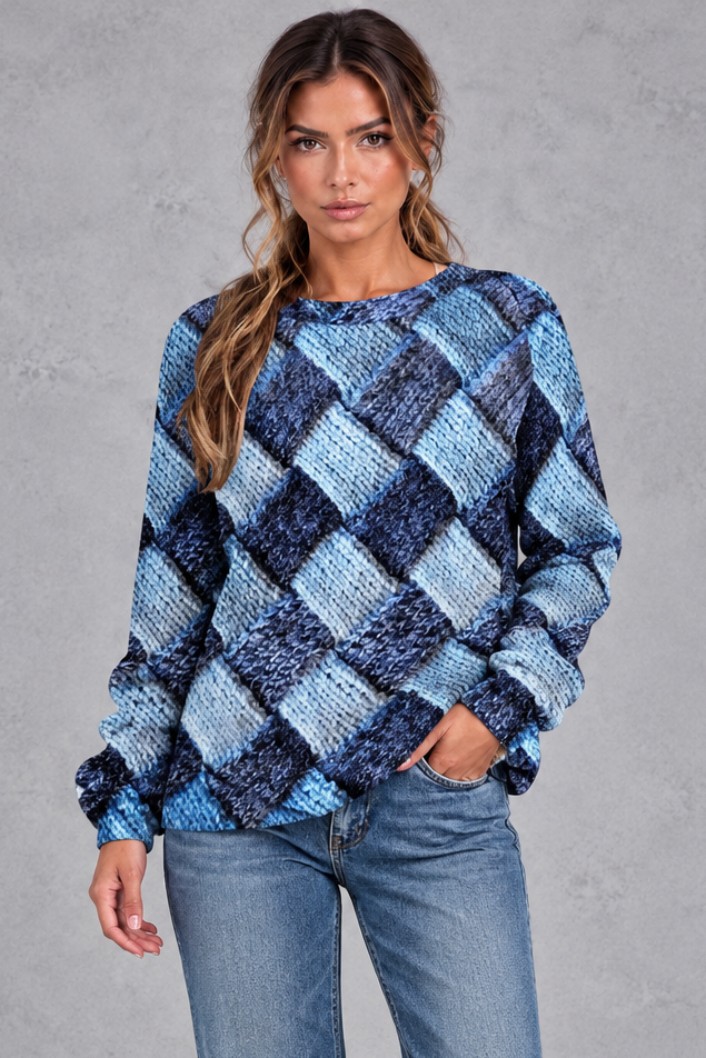 Women's blue basket weave patchwork print jumper – front view