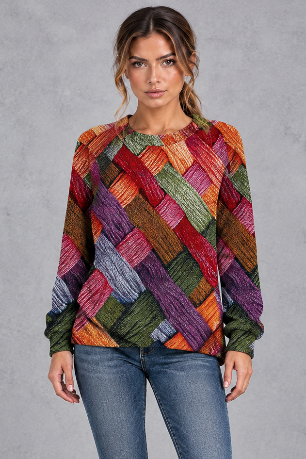 Women's multicolour basket weave patchwork print jumper – front view