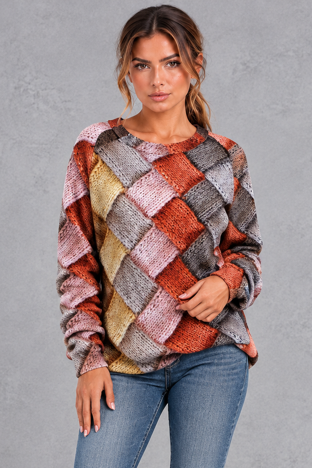 Women's pink grey basket weave patchwork print jumper – front view
