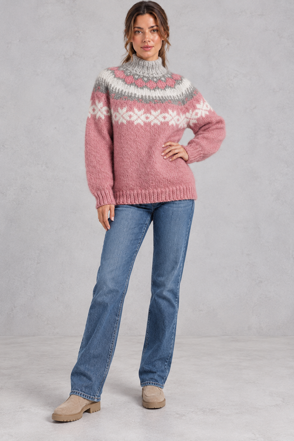 Women's Snowflake Fair Isle Jumper – Pink – full-length front view