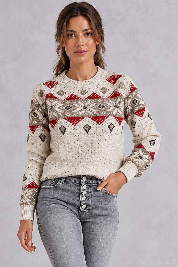 Women's cream Fair Isle knitted jumper with red snowflake pattern – front view
