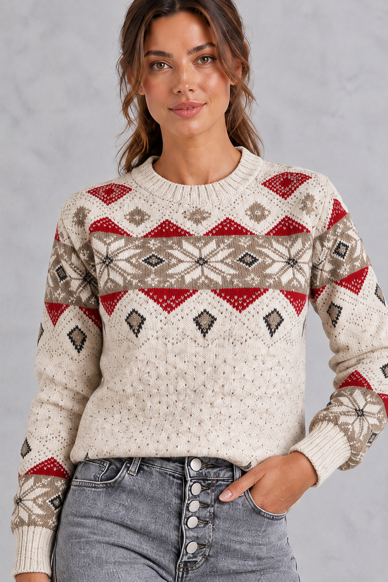 Women's cream Fair Isle jumper – close-up of Nordic snowflake and diamond pattern