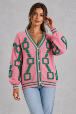 Women’s geometric knit cardigan with a deep V-neckline, button front, dropped shoulders and contrast striped ribbed trims.