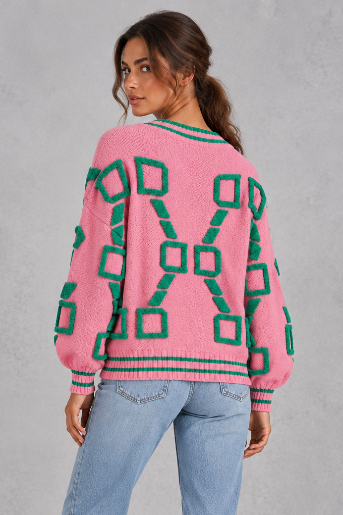 Women’s geometric knit cardigan with a deep V-neckline, button front, dropped shoulders and contrast striped ribbed trims.