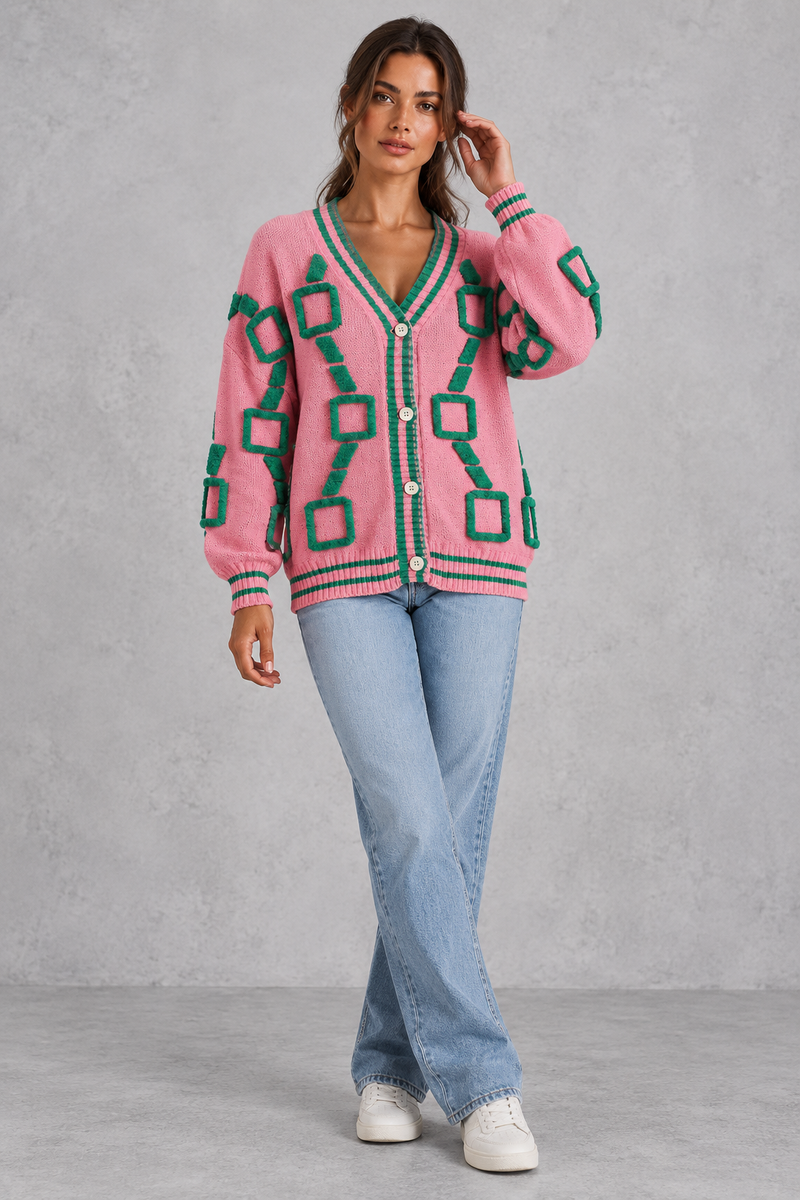 Women’s geometric knit cardigan with a deep V-neckline, button front, dropped shoulders and contrast striped ribbed trims.