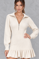 Women’s check mini dress with collared neckline, half-zip front and long sleeves for casual autumn and winter styling.