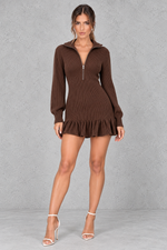 Women’s check mini dress with collared neckline, half-zip front and long sleeves for casual autumn and winter styling.