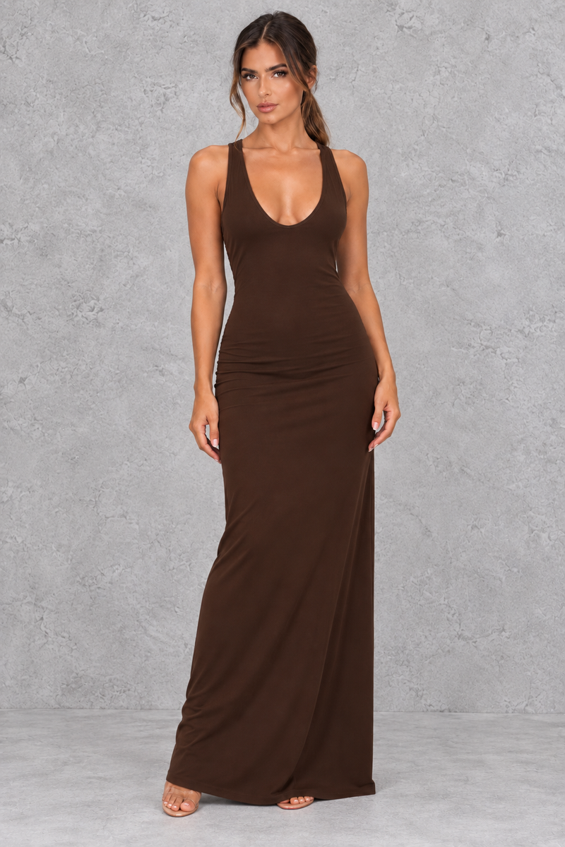 Women’s halter backless bodycon maxi dress with delicate spaghetti straps, gold ring detailing and a sleek fitted silhouette.