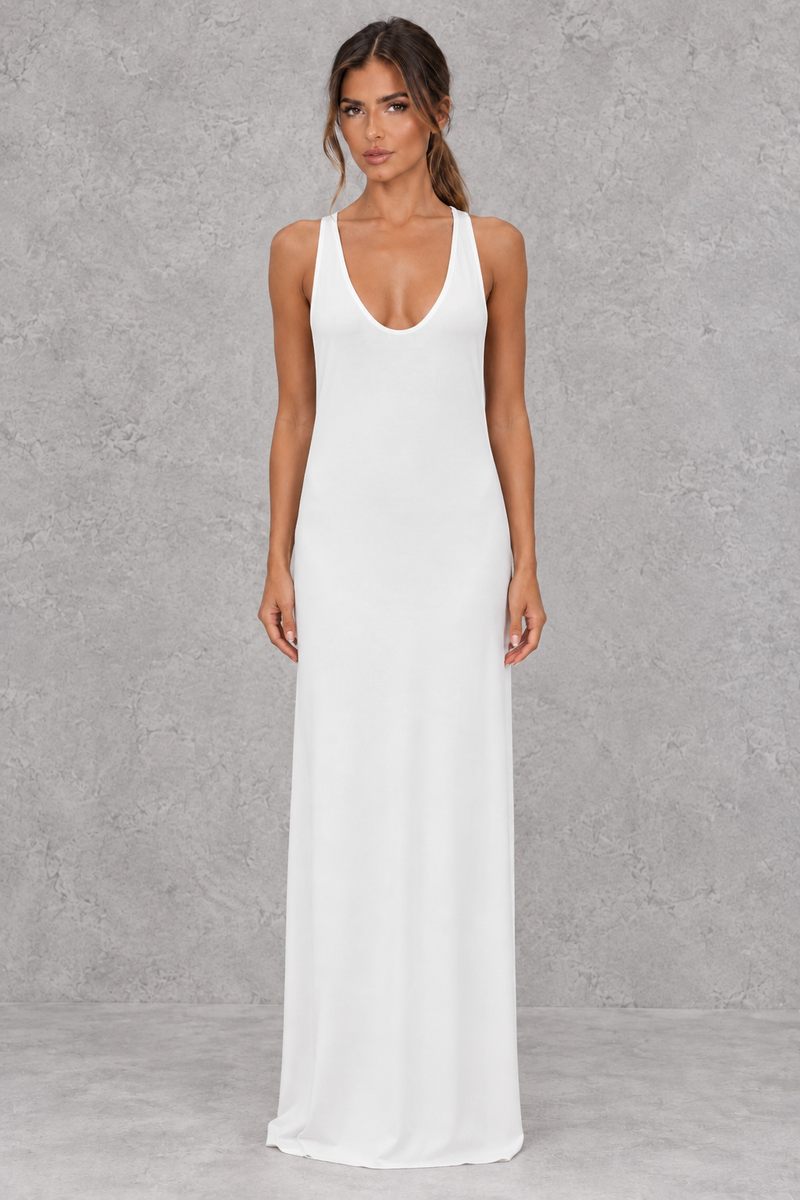 Women’s halter backless bodycon maxi dress with delicate spaghetti straps, gold ring detailing and a sleek fitted silhouette.