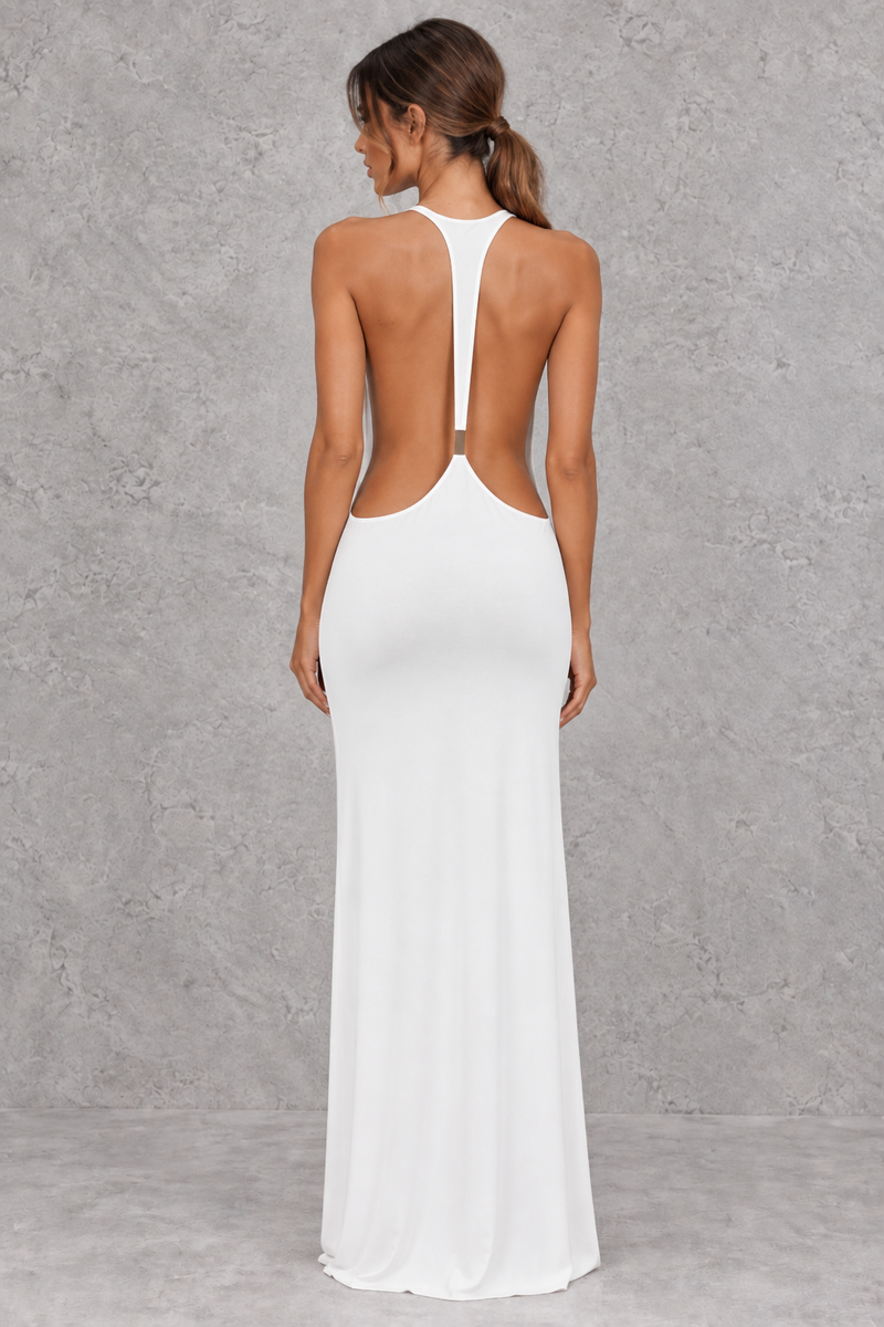 Women’s halter backless bodycon maxi dress with delicate spaghetti straps, gold ring detailing and a sleek fitted silhouette.
